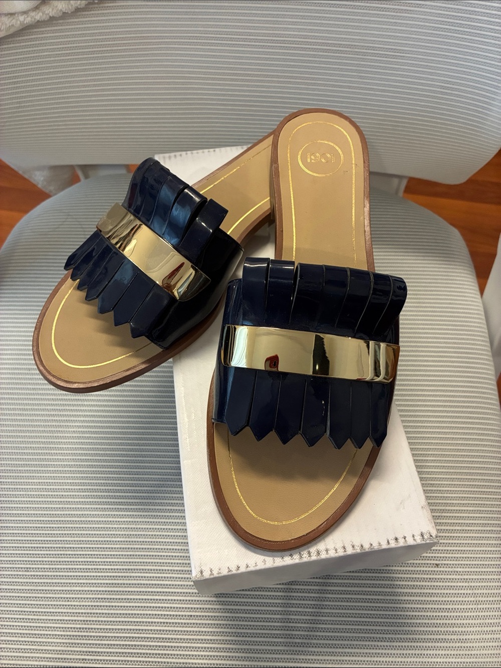 1901 Navy Slide Mules with Gold Accent